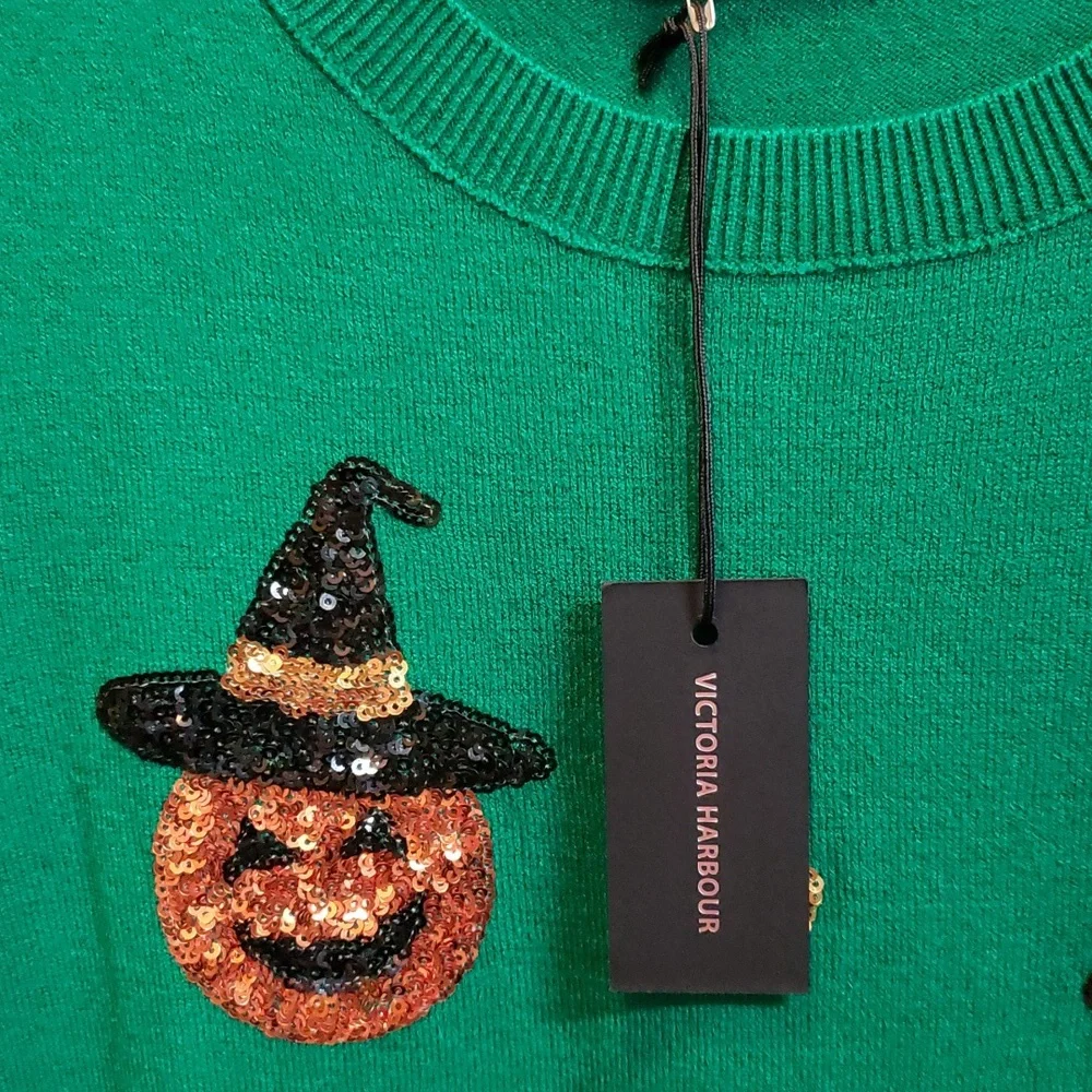 Victoria Harbour Kelly Green Sweater with Sequined Pumpkins and Candy Corn - Picture 7 of 7
